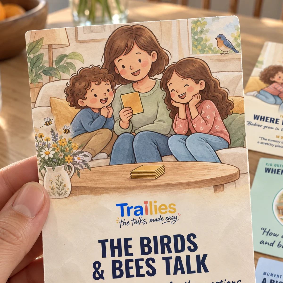 The Birds & Bees Talk cover card held up in a kitchen