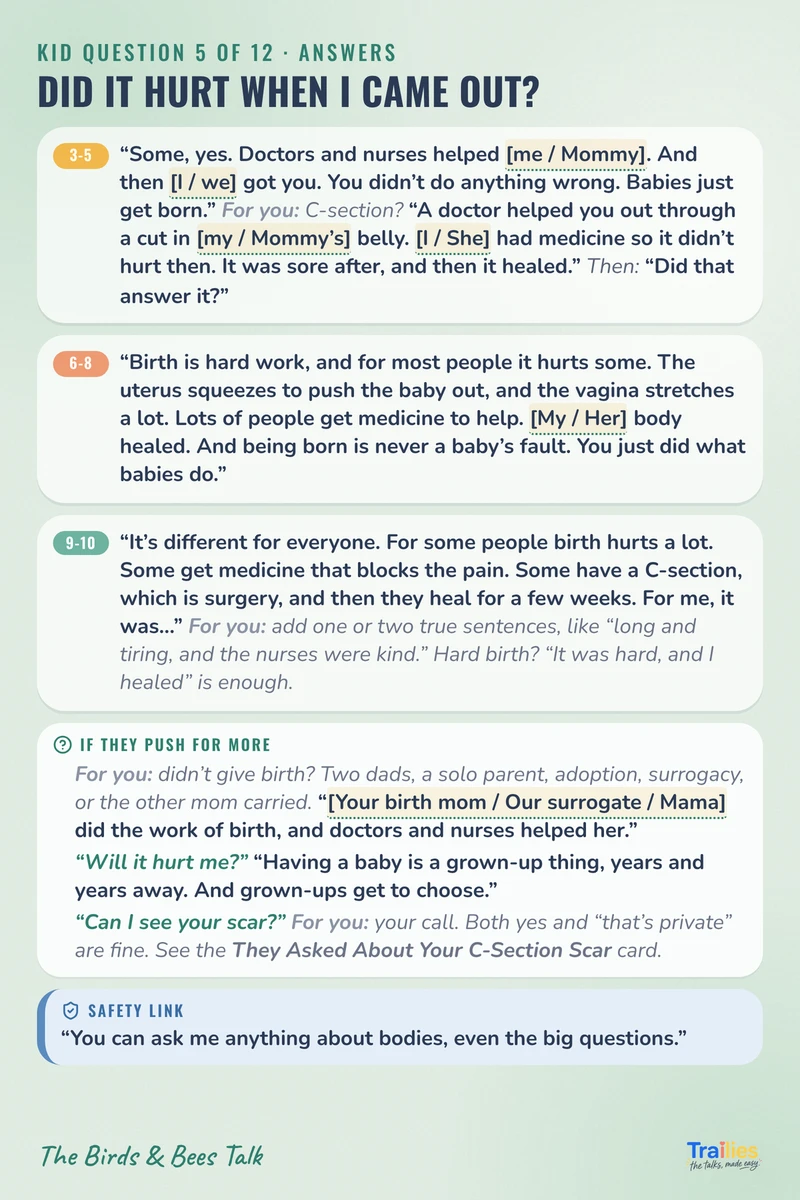 "Did it hurt when I came out?" card, answers for every age