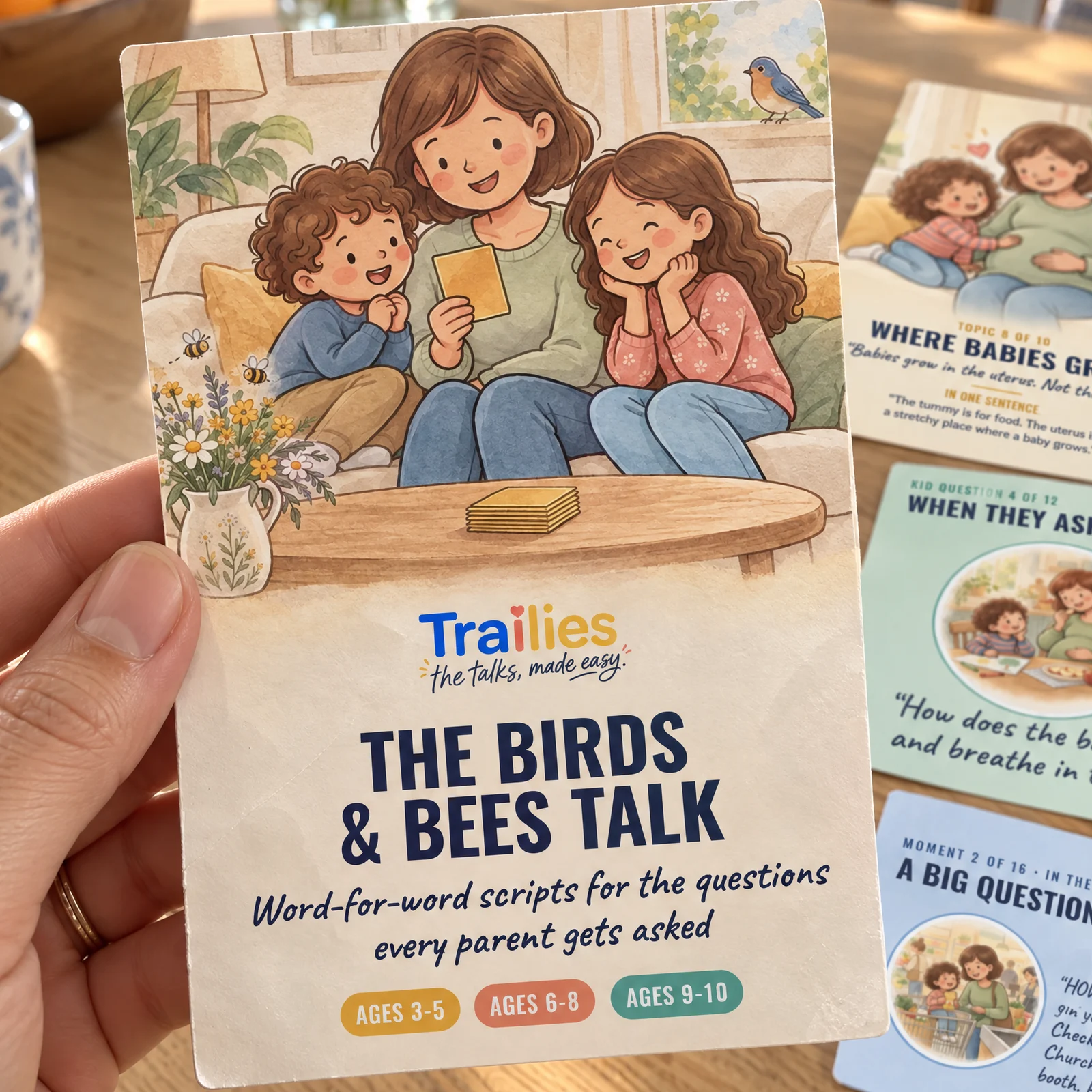 A parent holding The Birds & Bees Talk cover card in a kitchen
