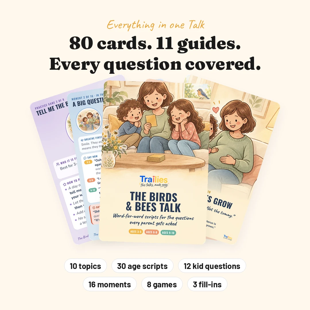 80 cards and 11 guides: topics, age scripts, kid questions, moments, games and fill-ins