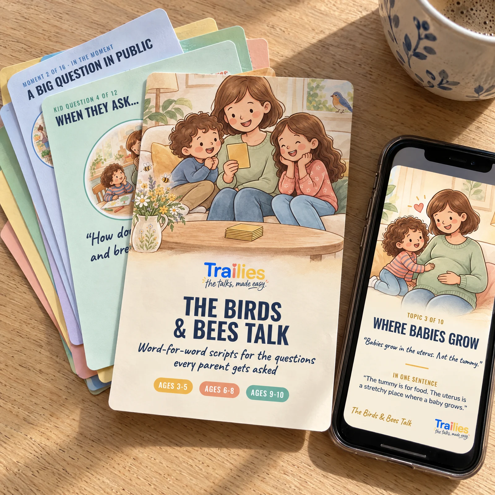 The printed cards on a kitchen table next to a phone showing a card