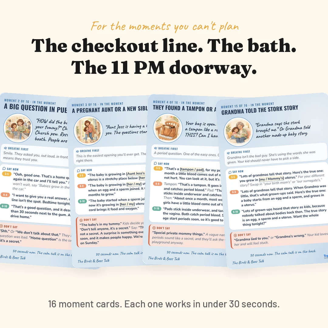Moment cards for the checkout line, a pregnant aunt, a found tampon and grandma's stork story
