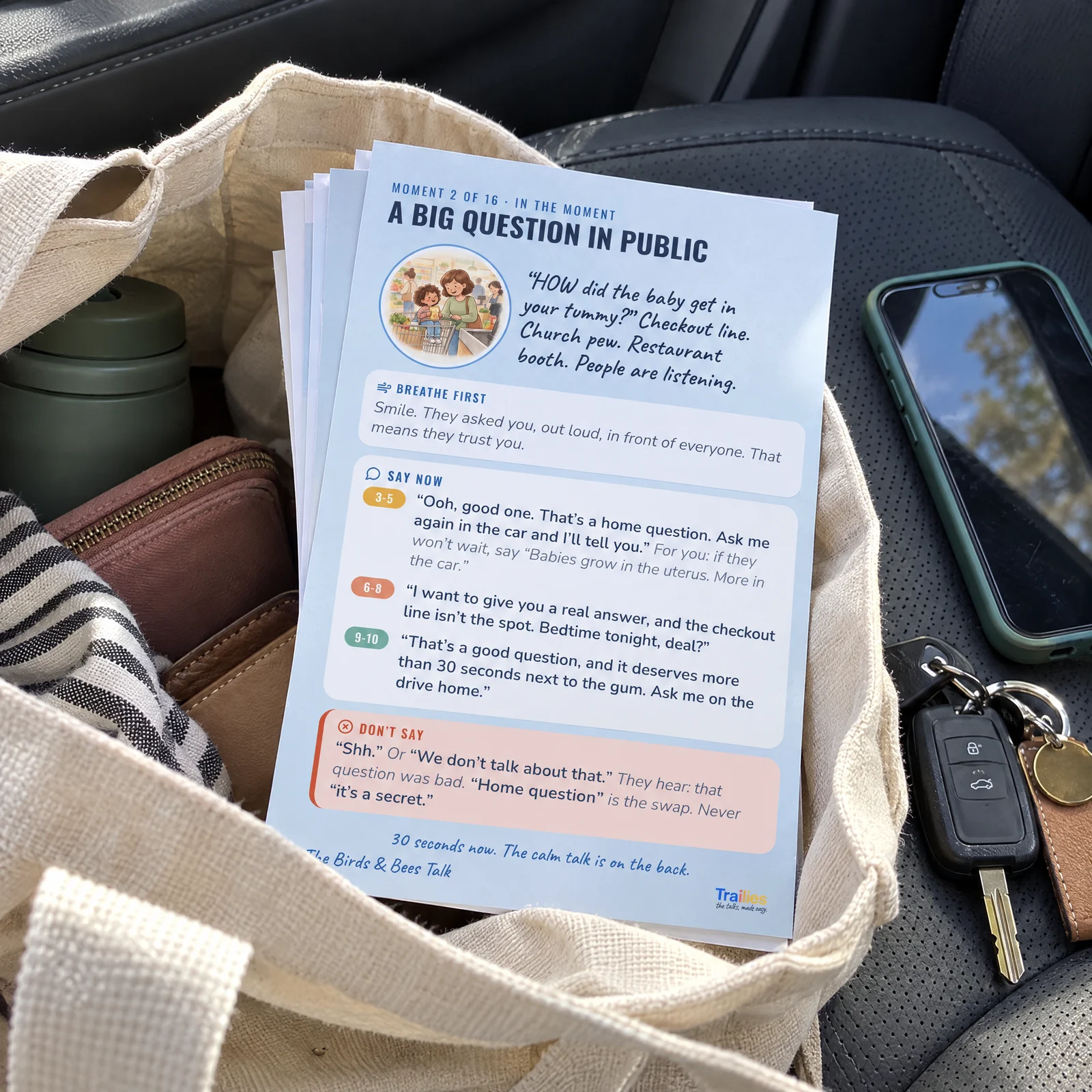 Moment cards in a tote bag, ready for questions in public