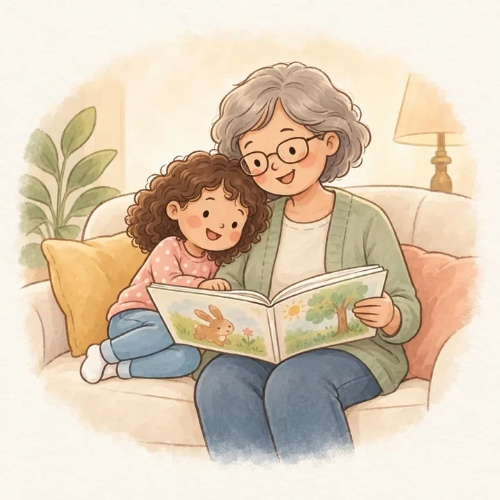 Grandma's stork story moment card illustration
