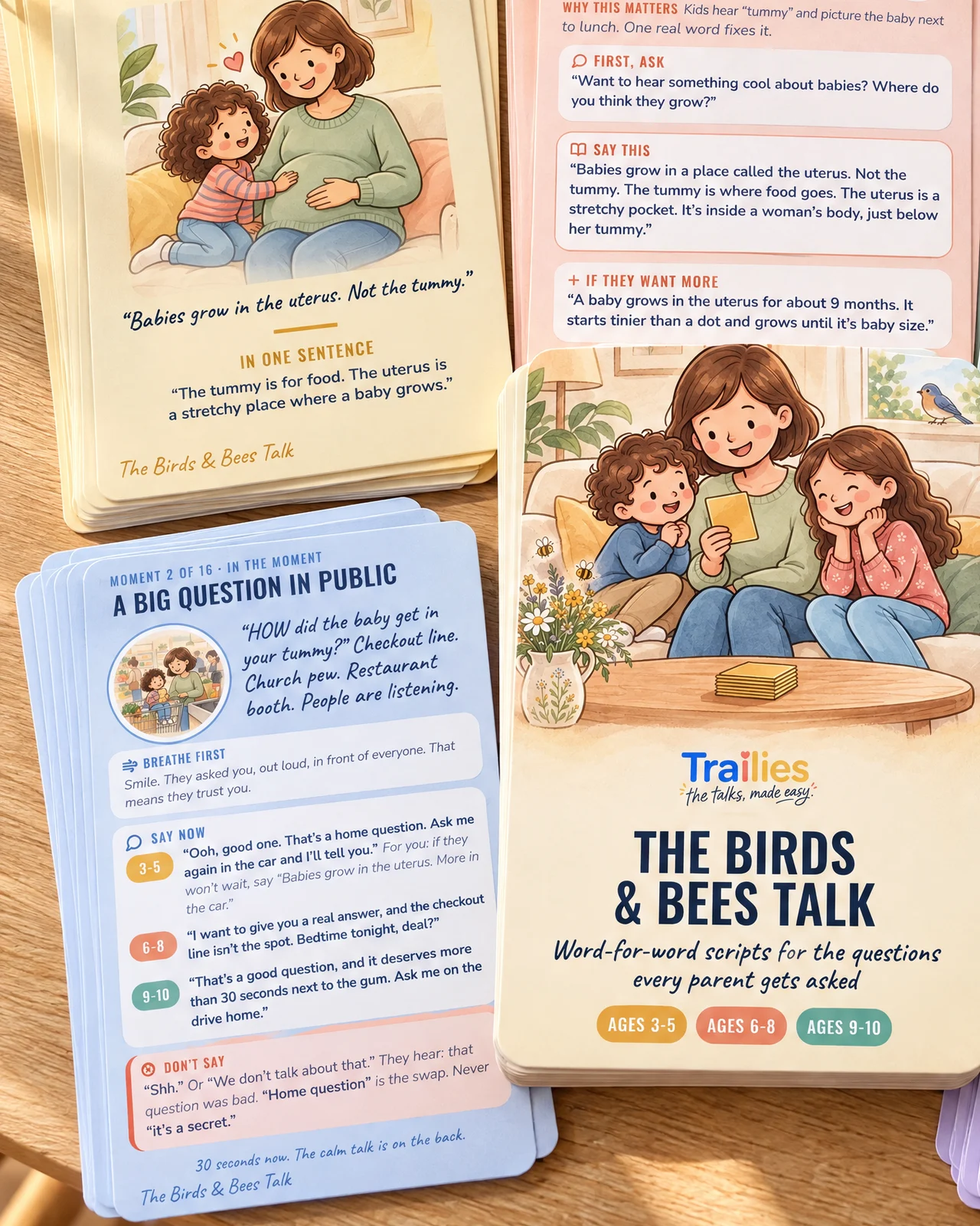 The Birds & Bees Talk cards spread out on a table