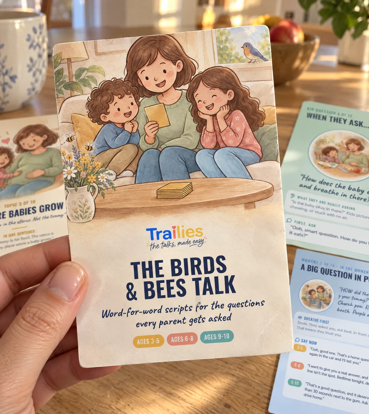 A parent holding a fan of The Birds & Bees Talk cards