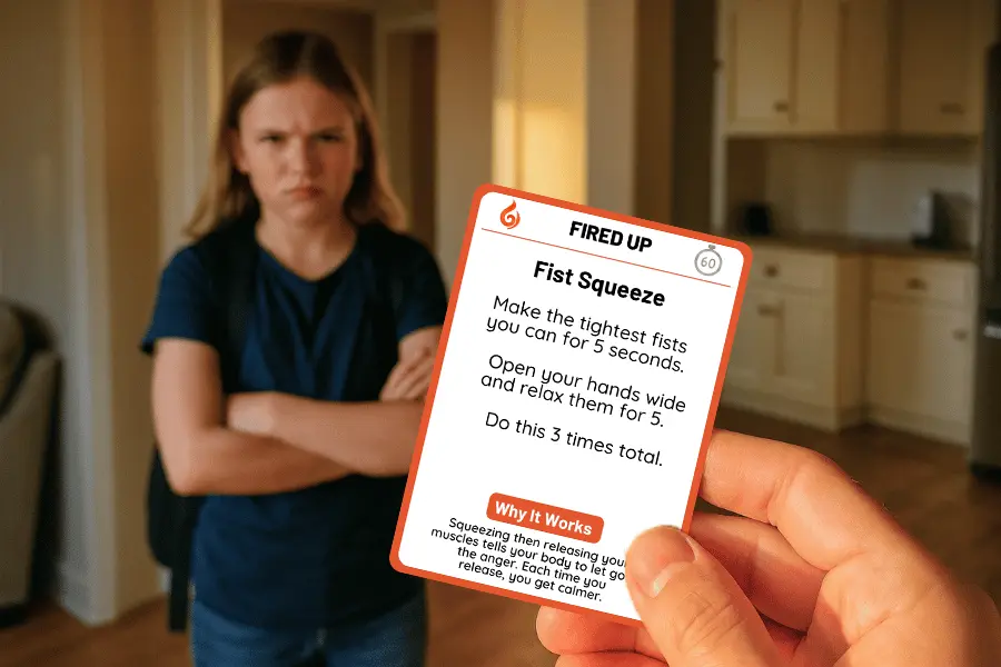 A tween holding the Fired Up reset card at home