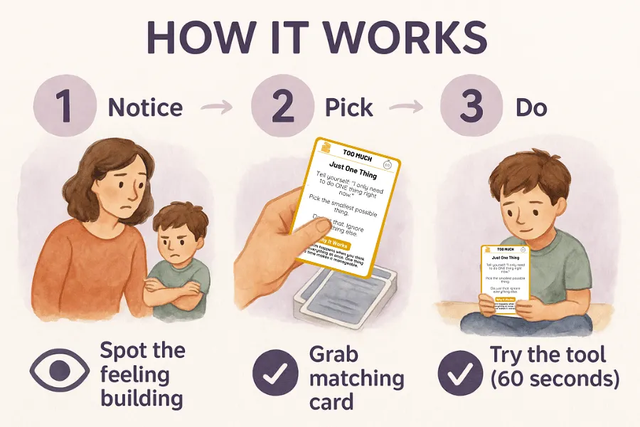 How it works: notice the feeling, pick a card, do the 60-second reset