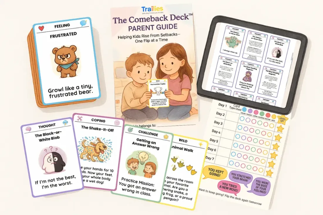 Everything included with the Comeback Deck: printed cards, parent guide, and progress tracker