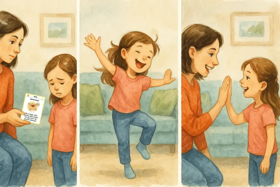A parent and child using a Comeback Deck card together