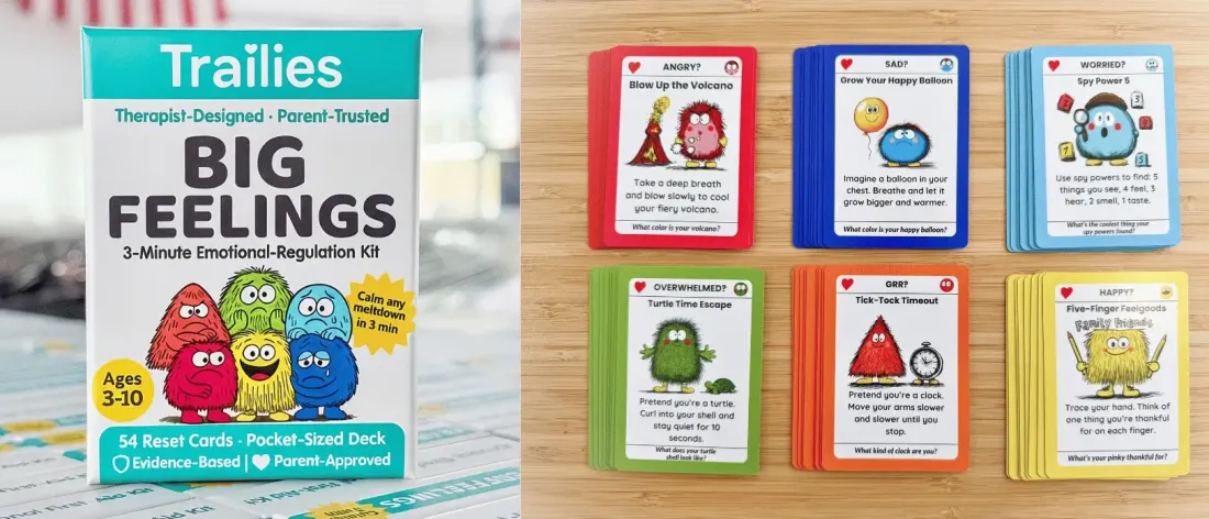 All 54 Big Feelings Deck cards laid out by emotion color