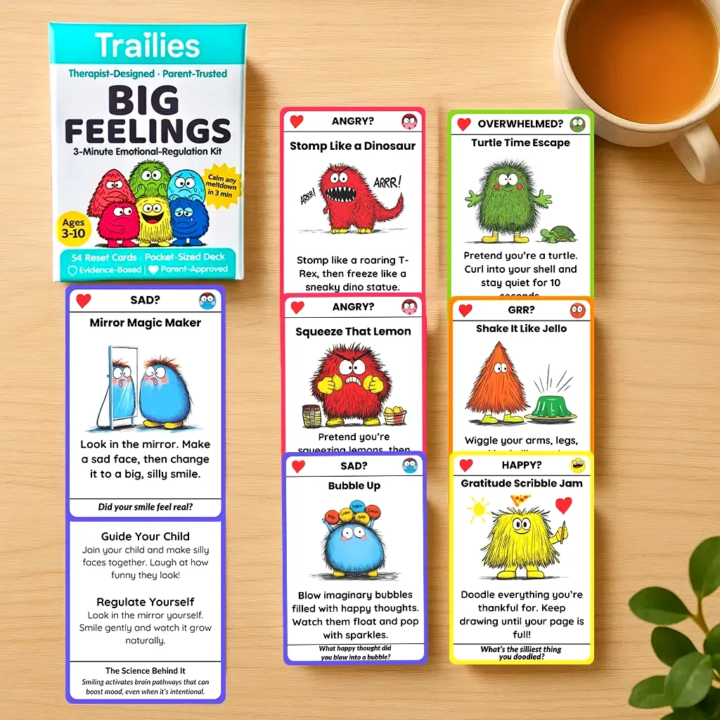The Big Feelings Deck box and all six card piles laid out next to a cup of tea
