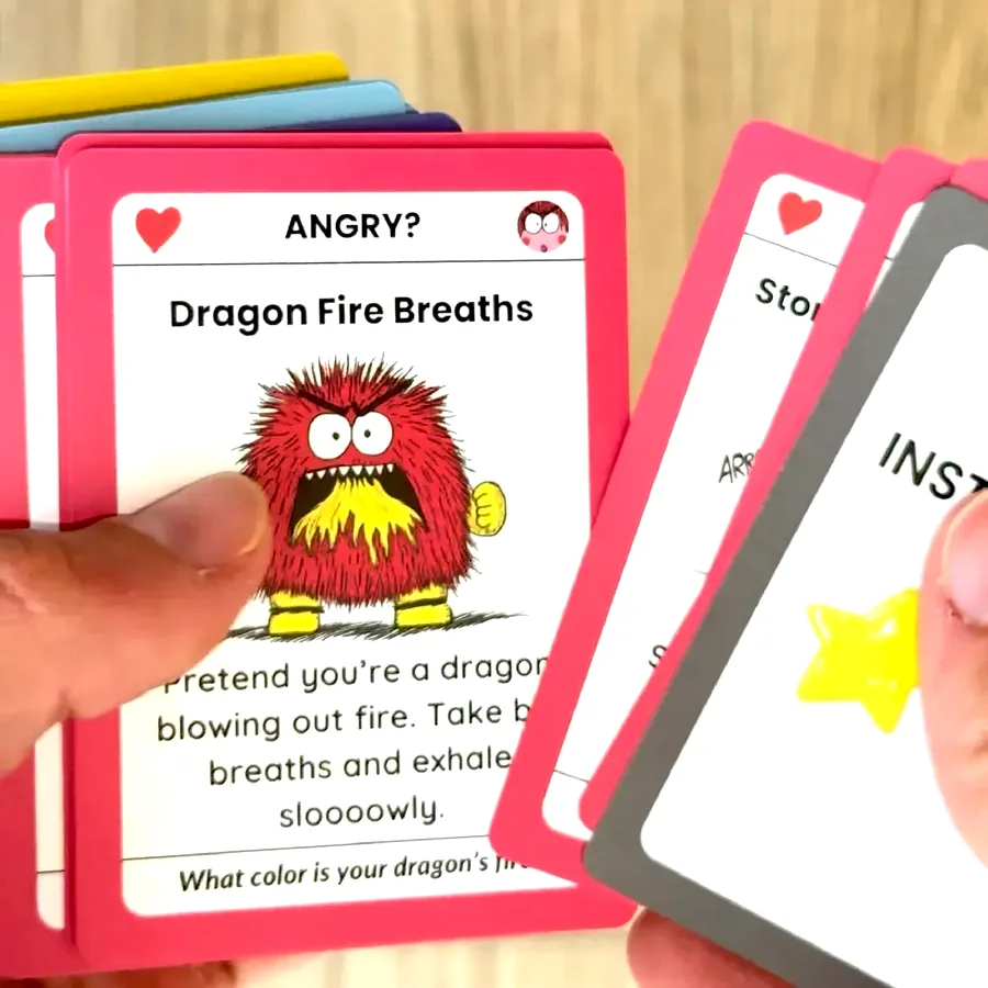 A parent holding the Dragon Fire Breaths card and reading the script