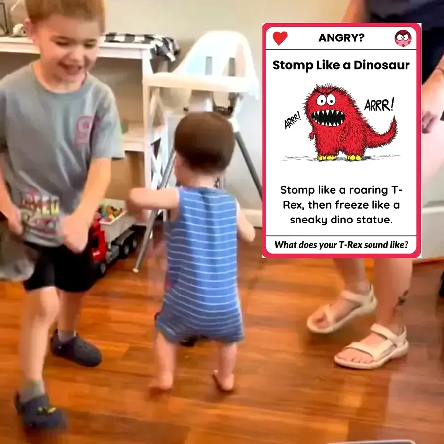 Two kids stomping like dinosaurs together in the living room