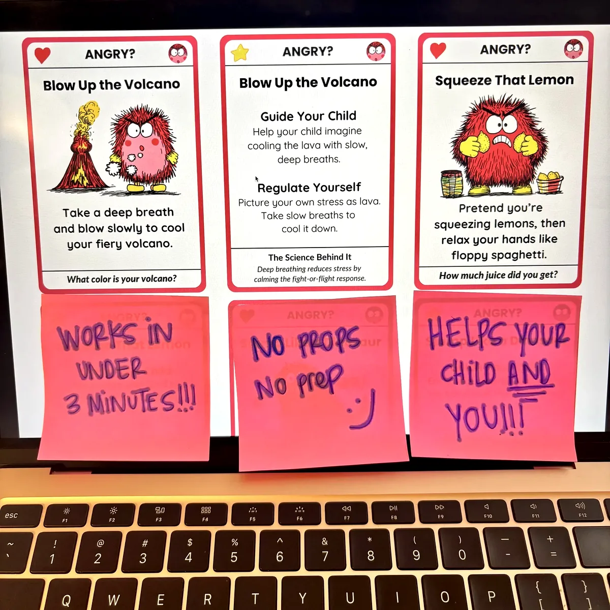 A real mom's sticky notes next to the Big Feelings cards on her laptop
