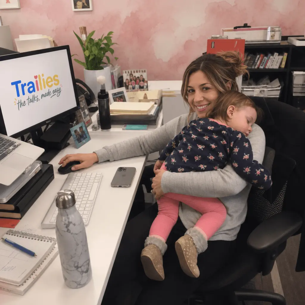 A Trailies team member working at her desk with a sleeping child on her lap