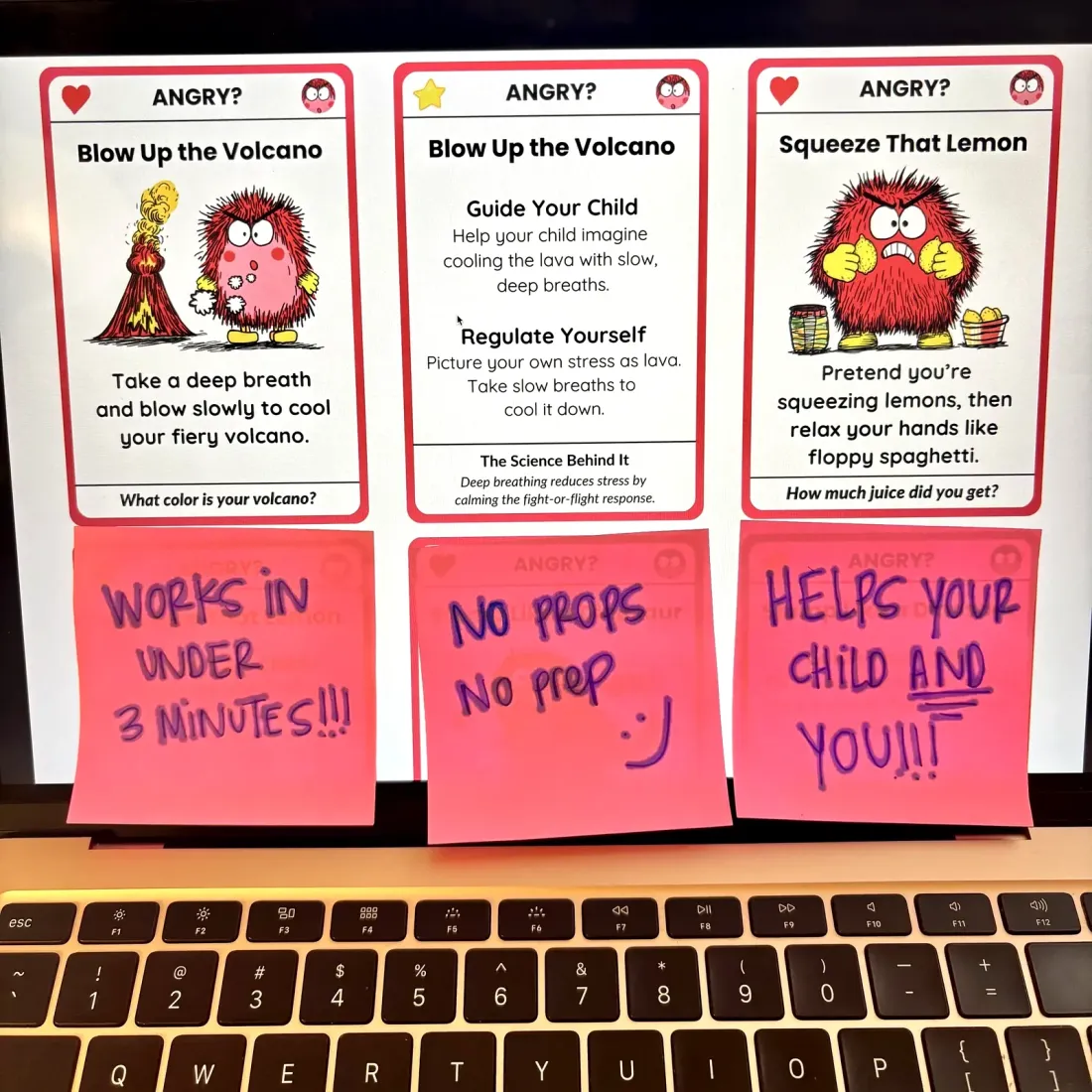 Big Feelings Deck cards on screen with handwritten notes: about 90 seconds a card, no props, no prep