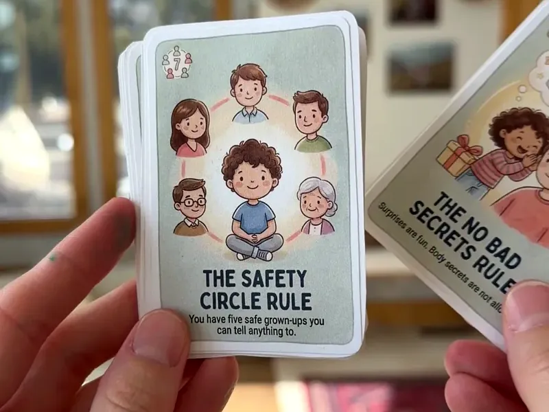 A hand picking the Safety Circle Rule card from the deck